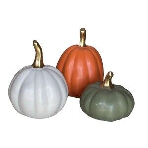 Small Ceramic Pumpkins Autumn Fall Decorations Orange, Green and White Set of 3